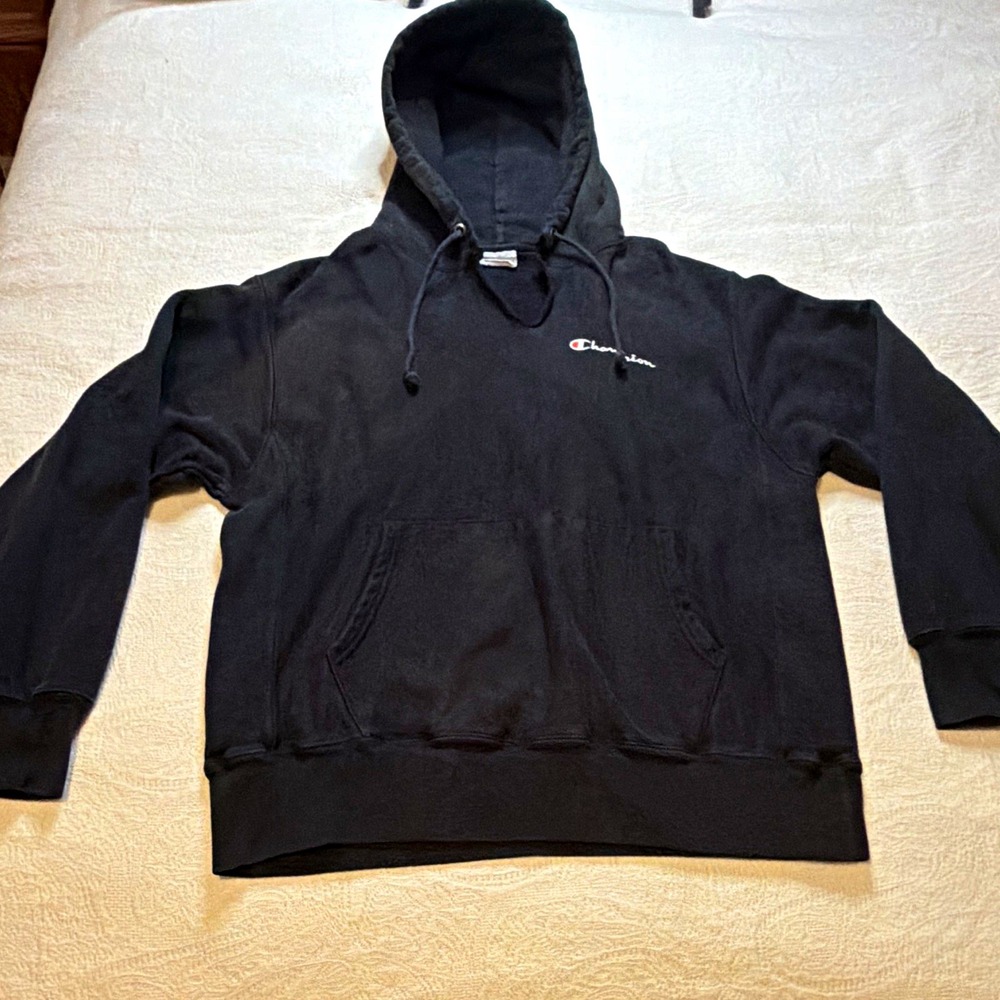 Champion Reverse Weave Men's Black Fleece Pullover Hoodie Logo Pockets L